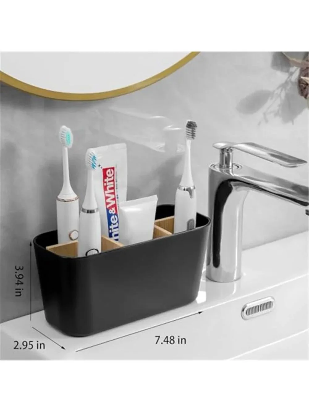 Bamboo Toothbrush Holder 5 Slot Bathroom Countertop Organizer Black Toothpaste